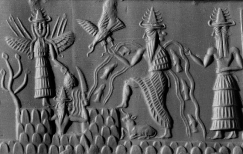 紀元前2300年頃のアッカドの円筒印章。アヌンナキのうちの3人、イナンナ、ウトゥ、エンキの神々が描かれている。